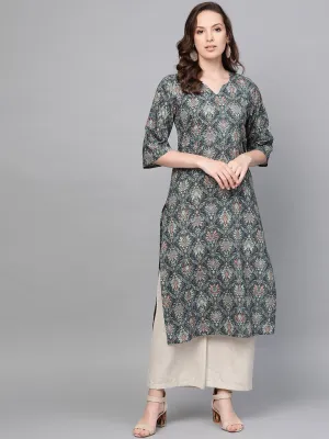 Women Navy Blue & Multi Floral Printed Straight V-Neck Kurta