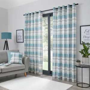 Balmoral Check Pair of Eyelet Curtains by Fusion in Duck Egg