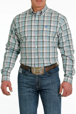 Cinch Mens Plaid Buttoned Down Western L/S Shirt - White/Green/Brown - MTW1105543