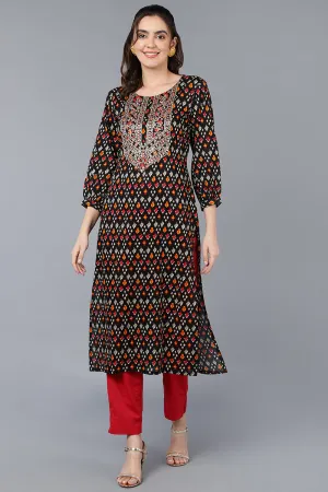 Cotton Black Ikat Printed Straight Kurta