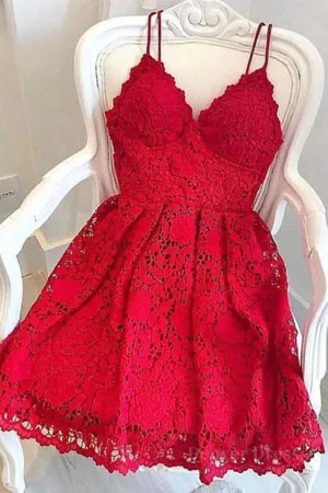 Cute V Neck Short Red Lace Prom Dress with Straps Short Red Lace Formal Graduation Homecoming Dress Red Cocktail Dress