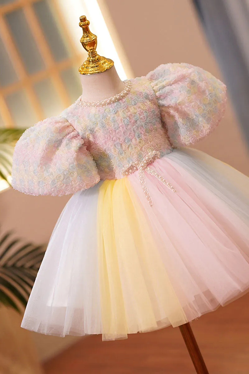 G3032 - Scoop Floral Puff Sleeves Beaded Tulle A-Line Flower Girl Dress