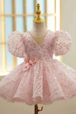 G3036 - V-Neck Puff Sleeves Sequined Beaded A-Line Flower Girl Dress