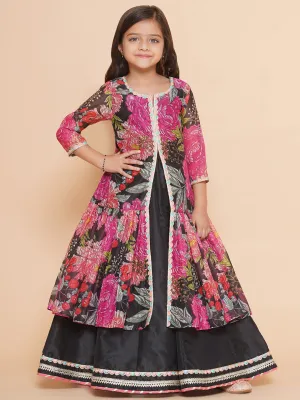 Girls Black Floral Print Lace Work Kurta with Skirt