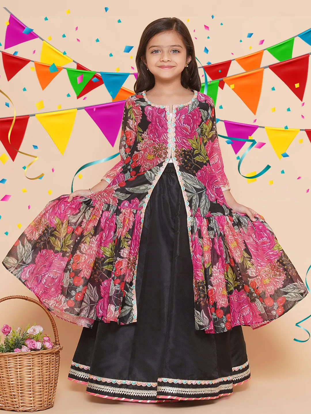 Girls Black Floral Print Lace Work Kurta with Skirt