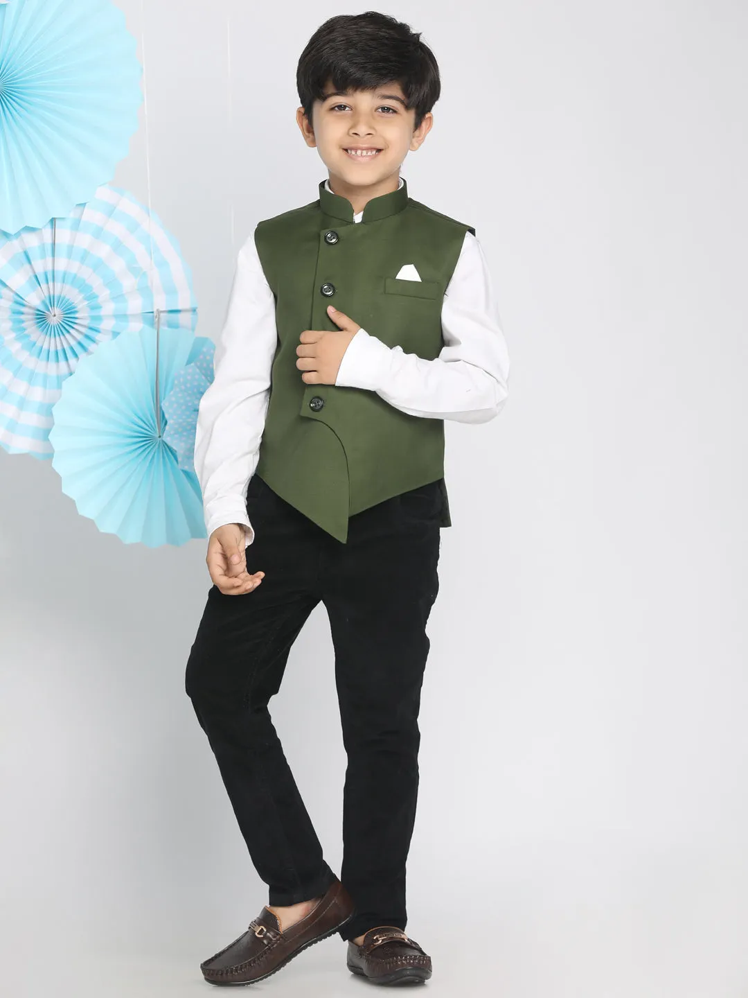 Jashvi Boys Green Solid Satin Nehru Jacket