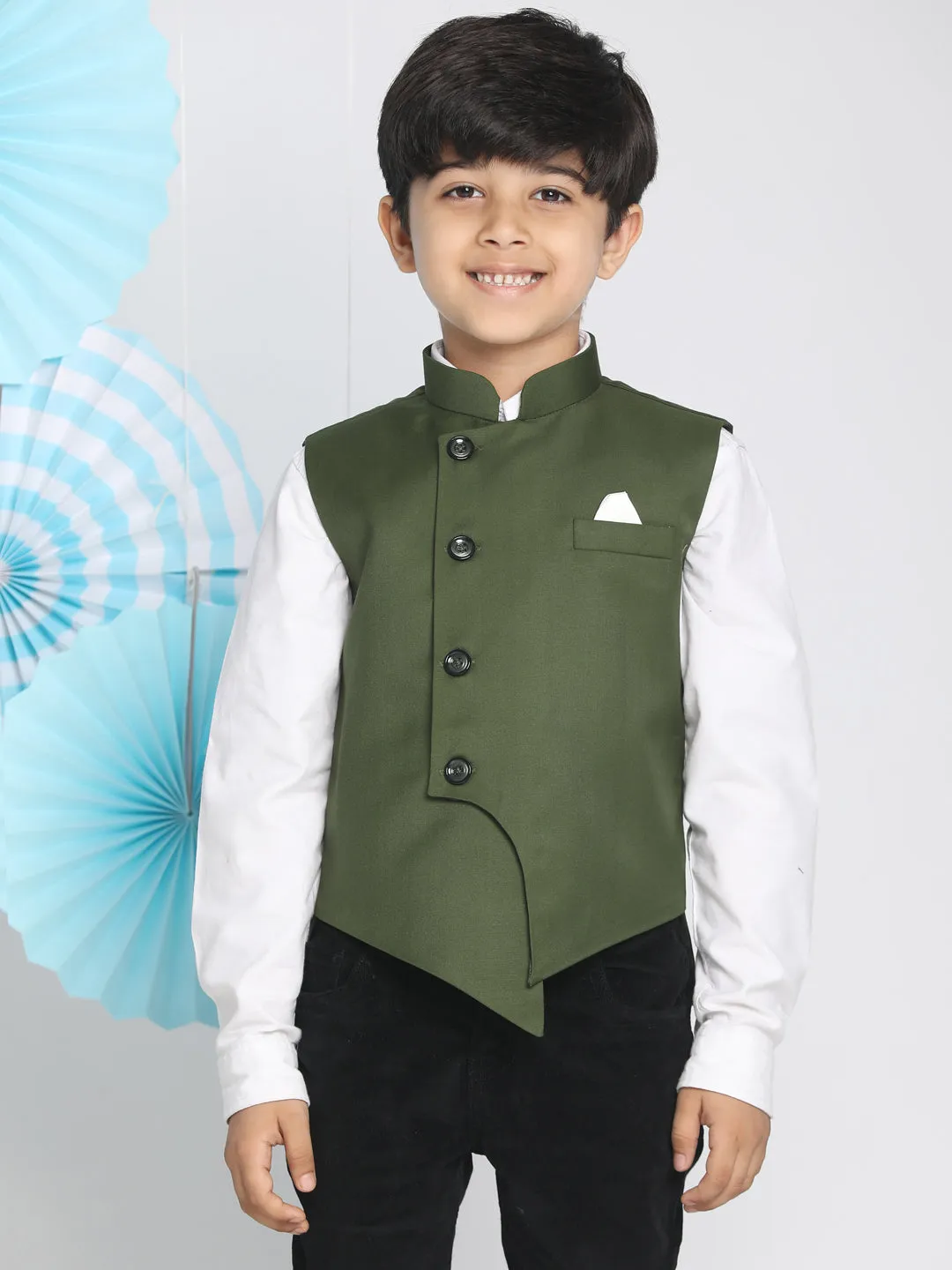 Jashvi Boys Green Solid Satin Nehru Jacket