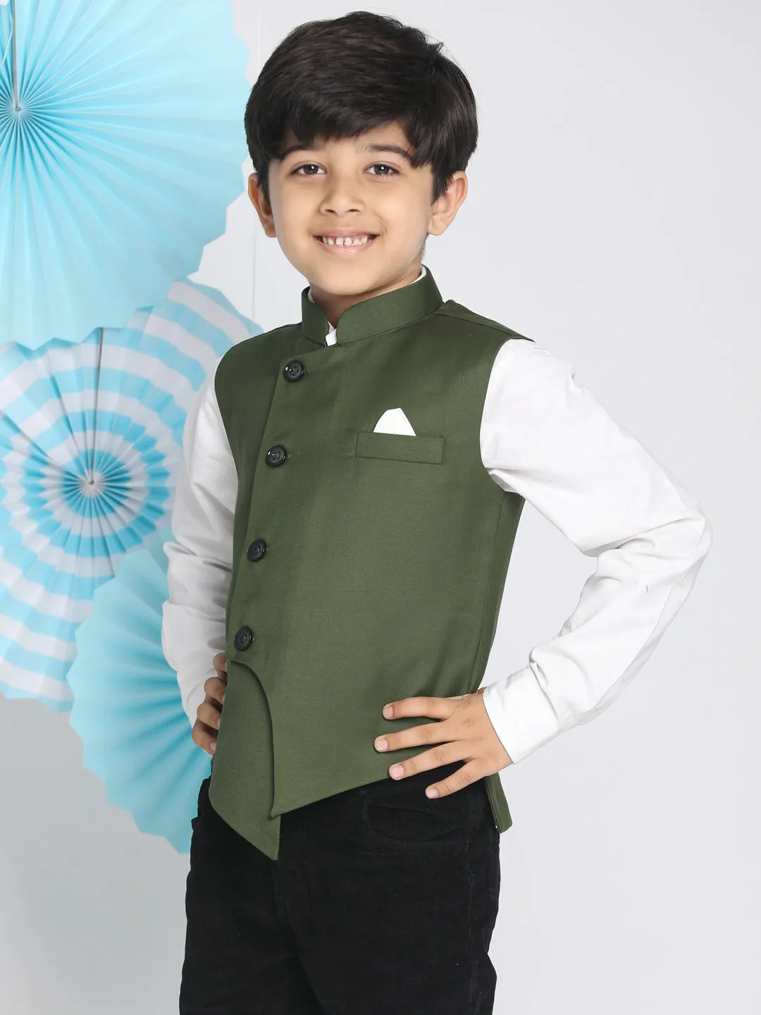 Jashvi Boys Green Solid Satin Nehru Jacket