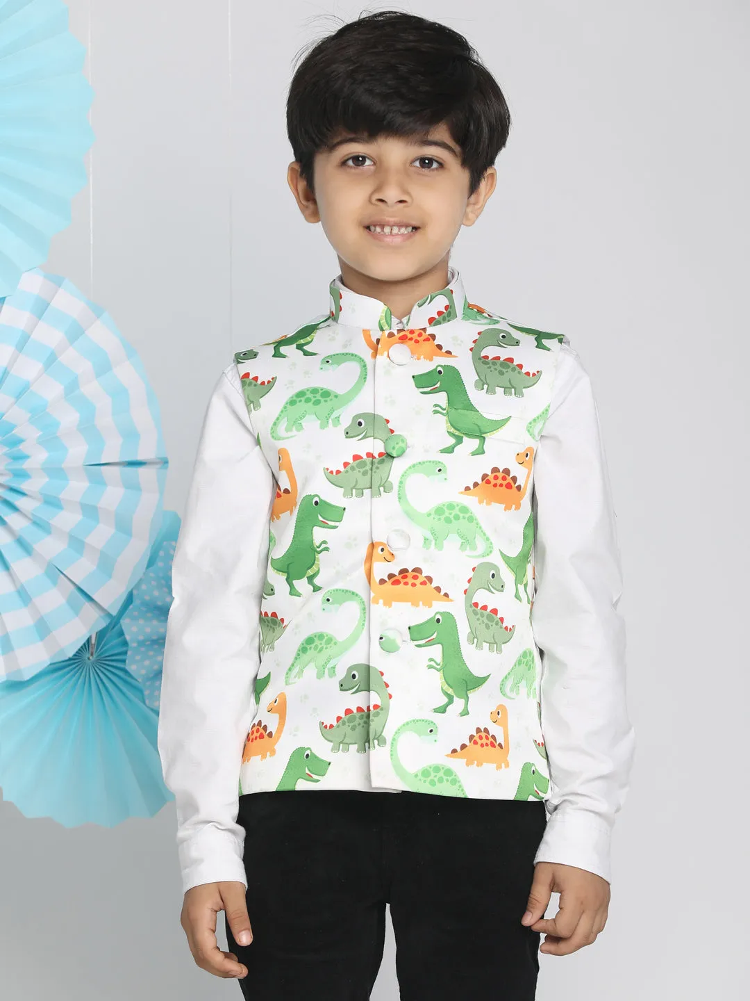 Jashvi Boys  Multicolor-Base-White Nehru Jacket