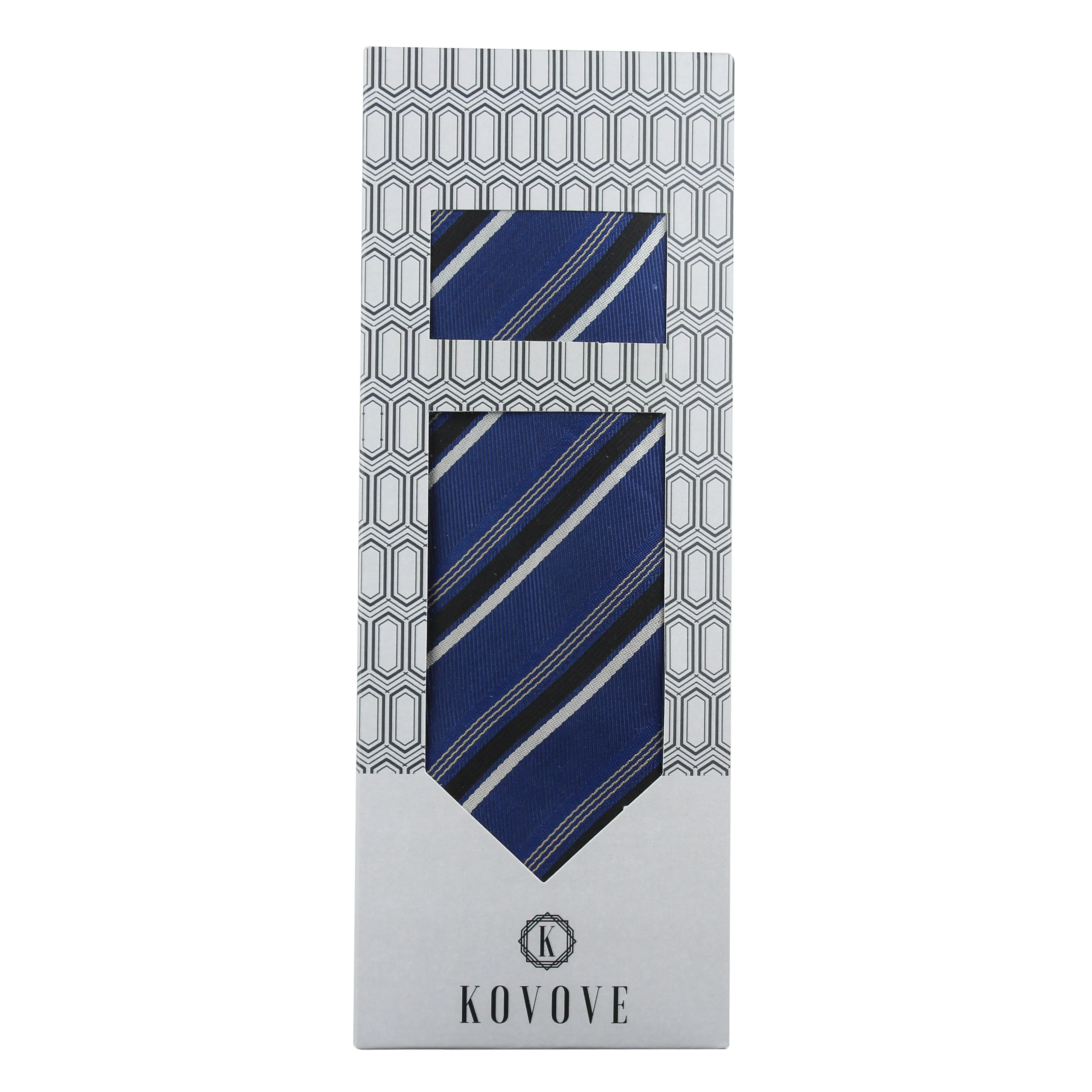 Kovove Elegant Blue Striped Necktie and Pocket Square Gift Box