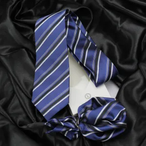 Kovove Elegant Blue Striped Necktie and Pocket Square Gift Box