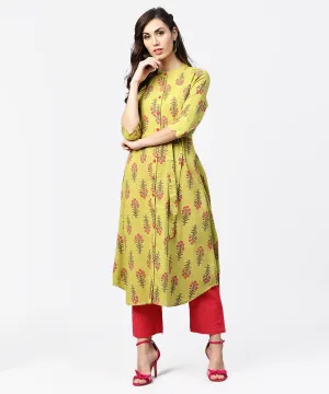 Light Green Printed 3/4Th Sleeve Cotton Assymetric Kurta With Pink Pallazo