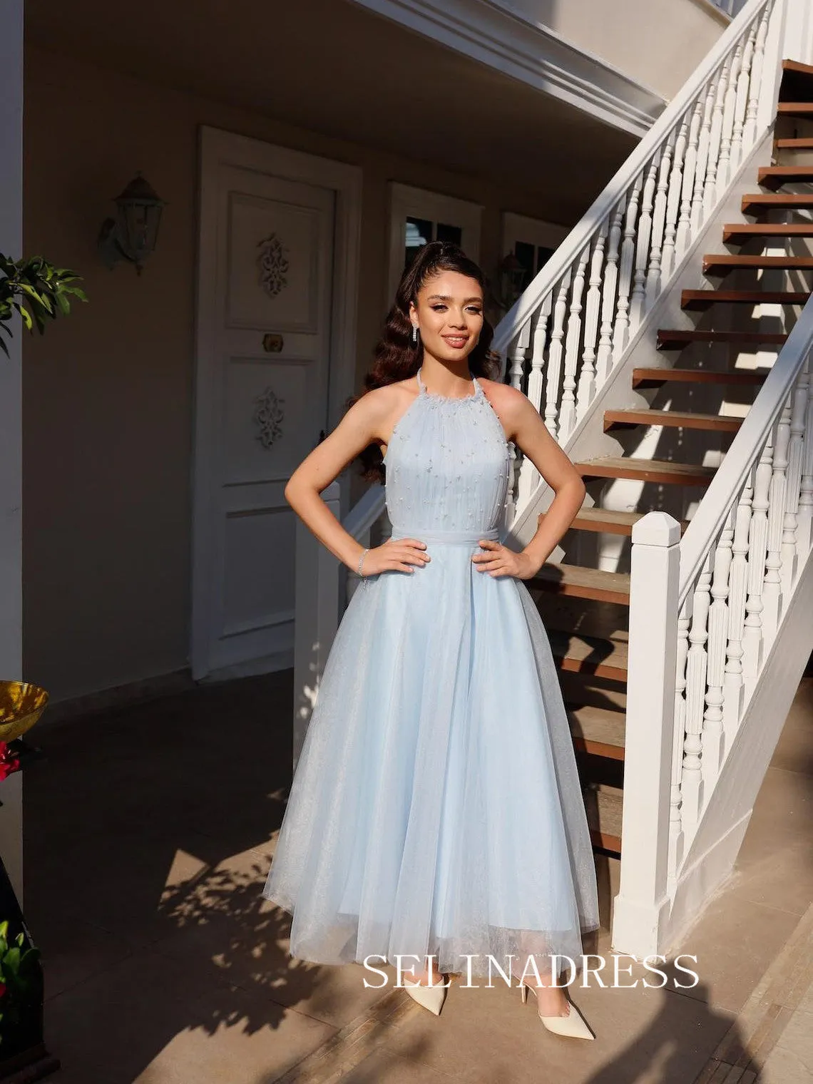 Light Sky Blue Halter Prom Dresses Ankle-length Tulle Cheap Formal Dresses SKO004