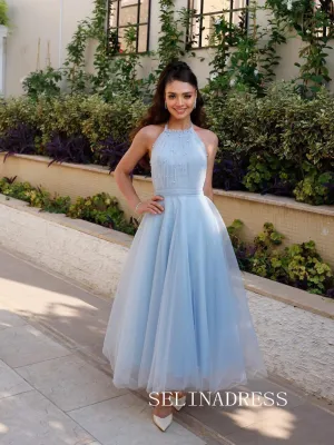 Light Sky Blue Halter Prom Dresses Ankle-length Tulle Cheap Formal Dresses SKO004