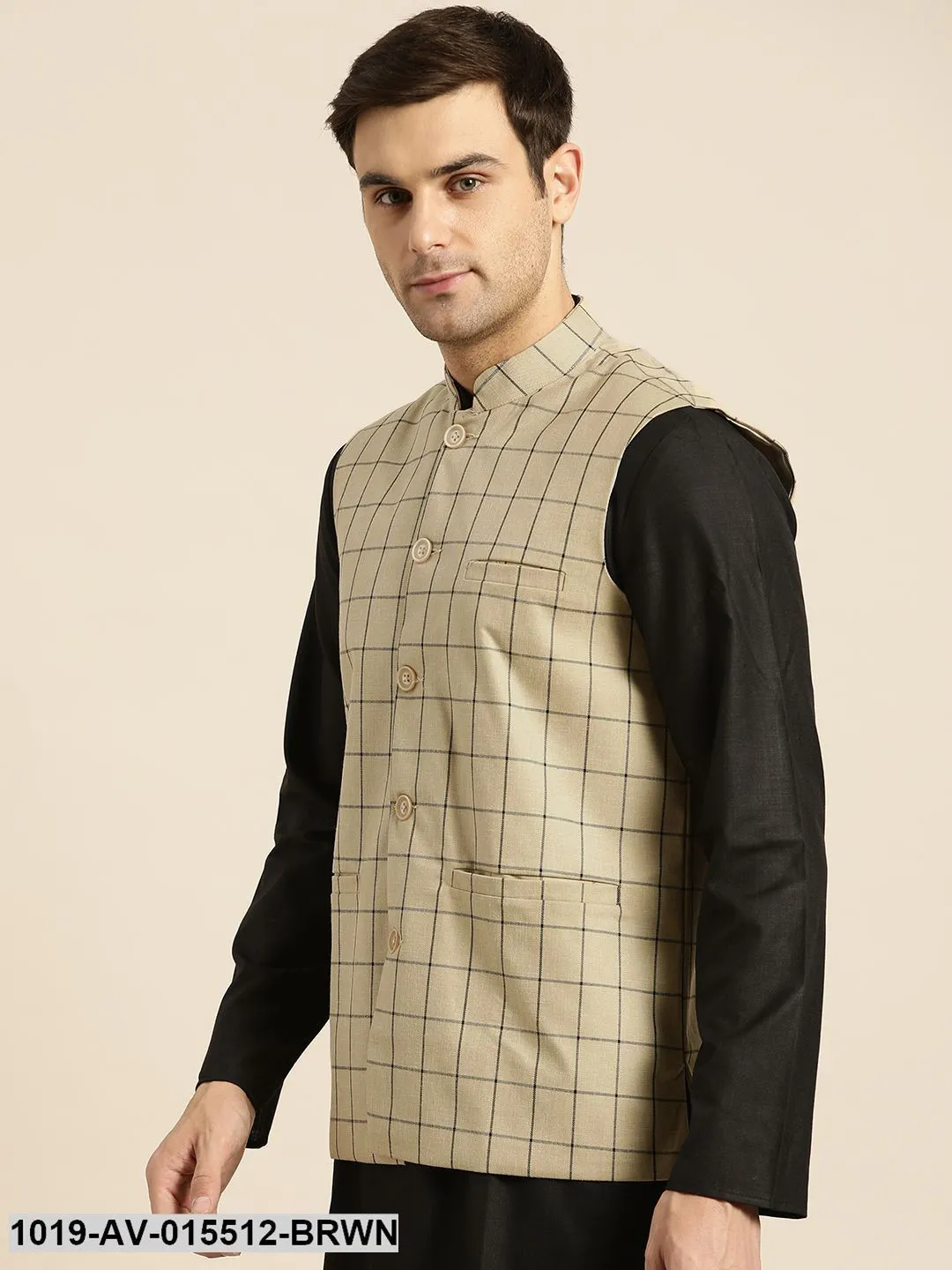 Men's Cotton Blend Light Brown & Black Checked Nehru Jacket - Sojanya