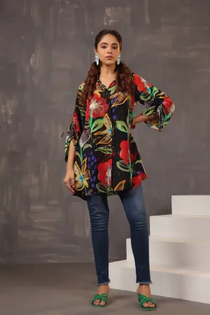 Midnight Black Floral Printed Crepe Silk Shirt