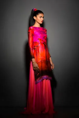 Printed Fuchsia Shaded Satin Georgette Kurta