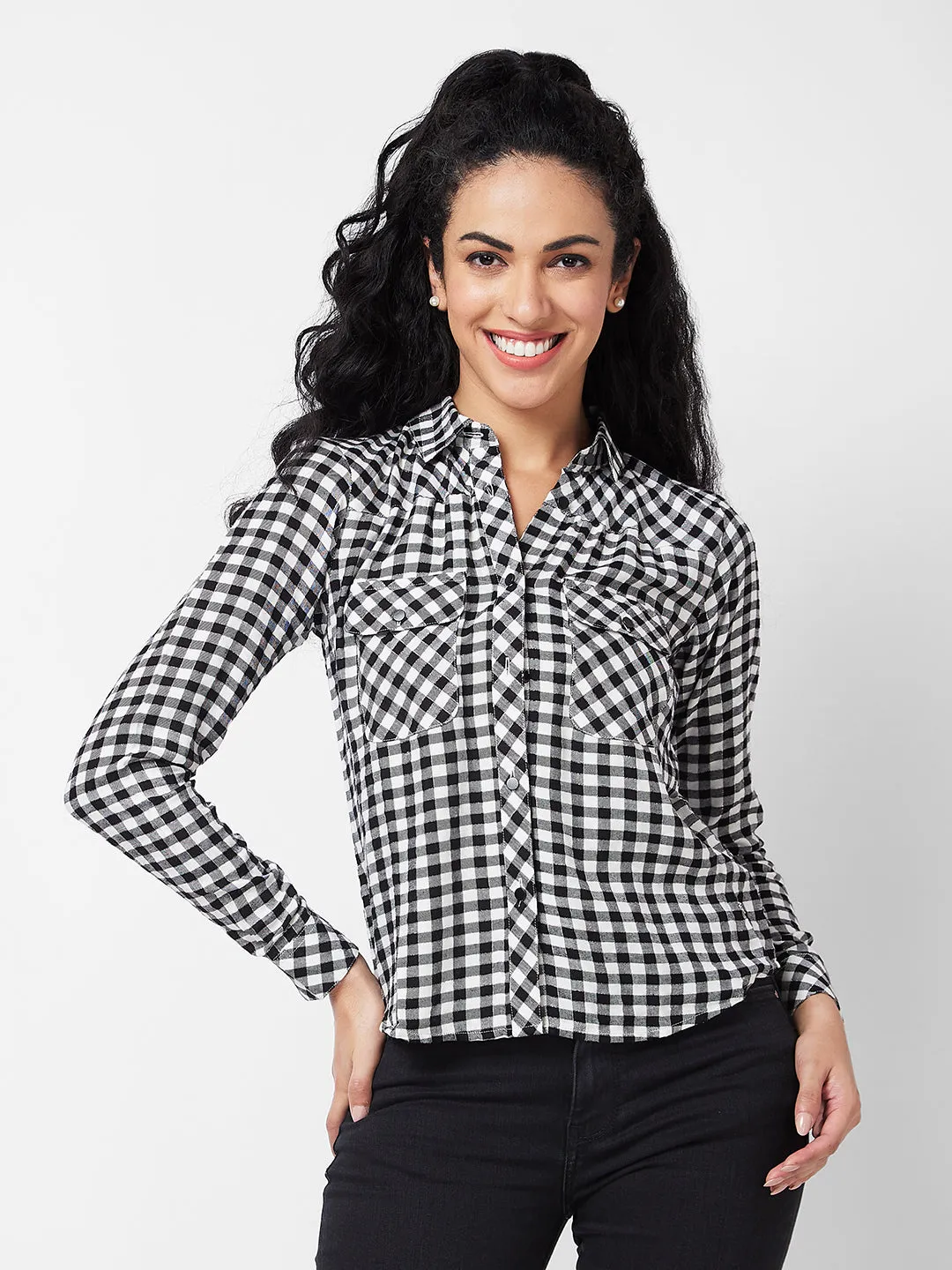 Spykar Black/White Checks Shirt For Women