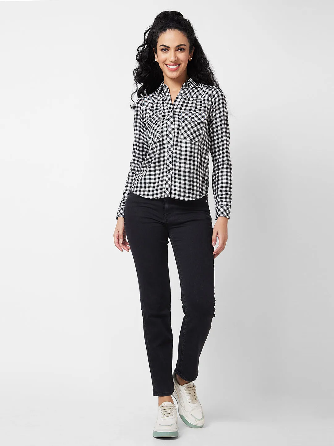 Spykar Black/White Checks Shirt For Women