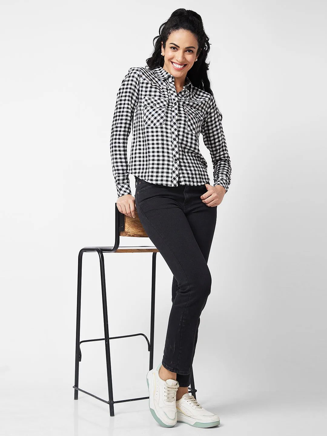 Spykar Black/White Checks Shirt For Women