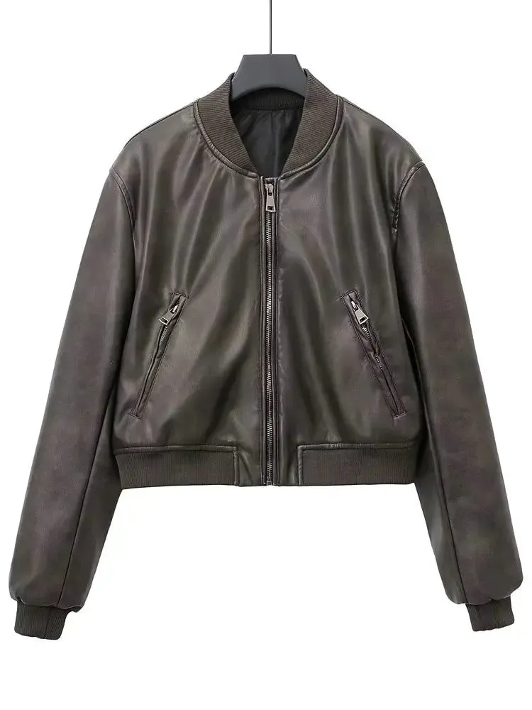 Trendy Cropped Faux Leather Jacket With Pockets