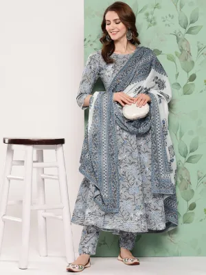 Women Grey Floral Printed Flared Kurta And Trouser With Dupatta