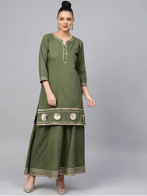 Women'S Green Solid Kurta With Skirt