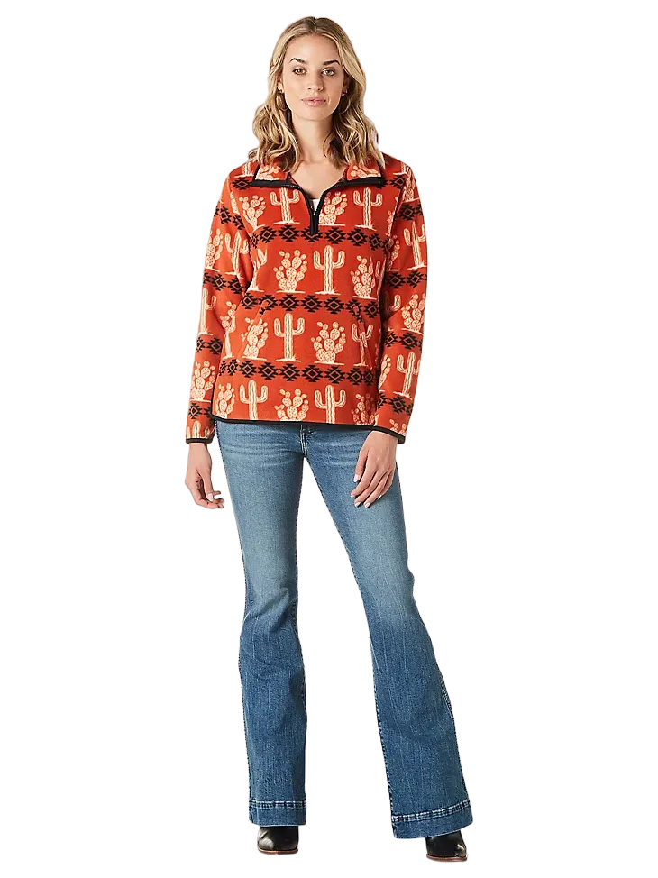 Wrangler Women's Cinnabar Allover Cactus Quarter Fleece Sweater